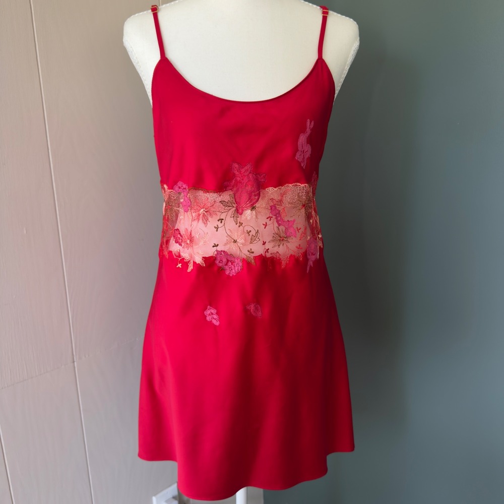 Vintage Victoria's Secret Gold Label Red Satin Lace Floral Slip Dress 1995 Med